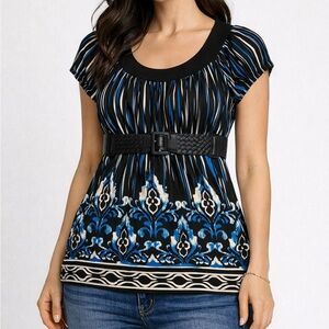 Heart Soul Black and Blue Patterned Blouse
